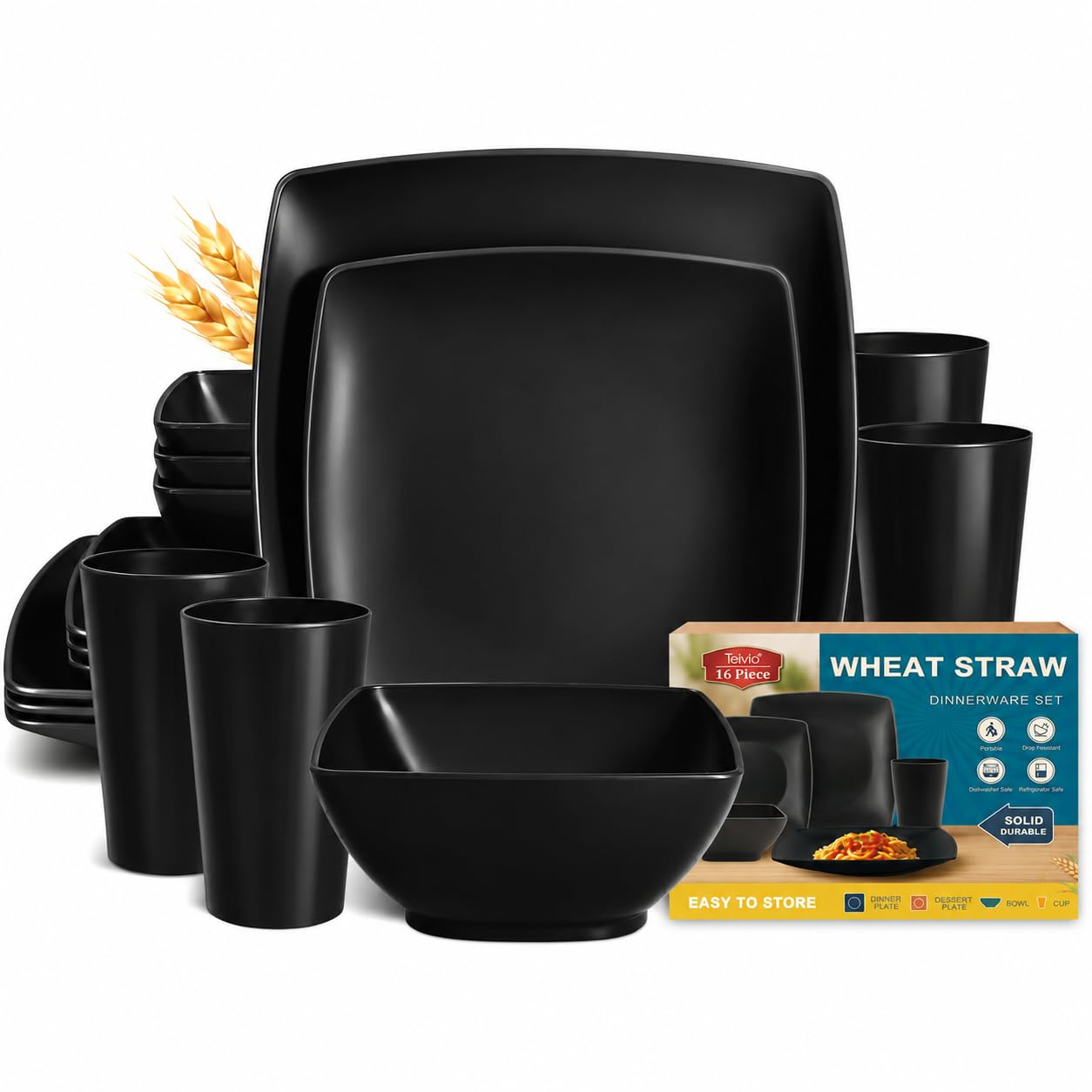 Amazon.com | Teivio 16-piece Plastic Wheat Straw Square Dinnerware